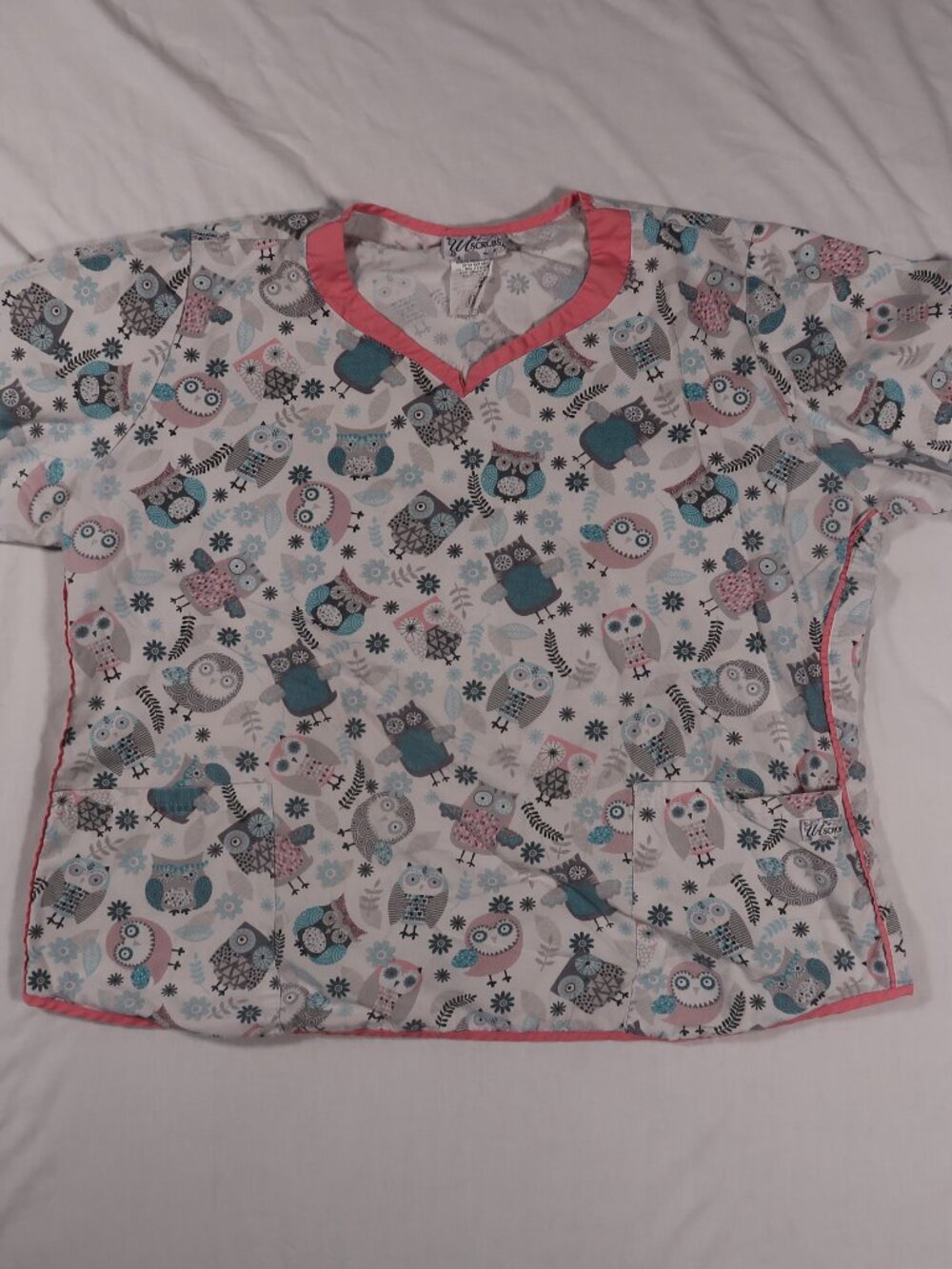 UA Scrubs Owl Print Medical Scrub Top with Pink Trim